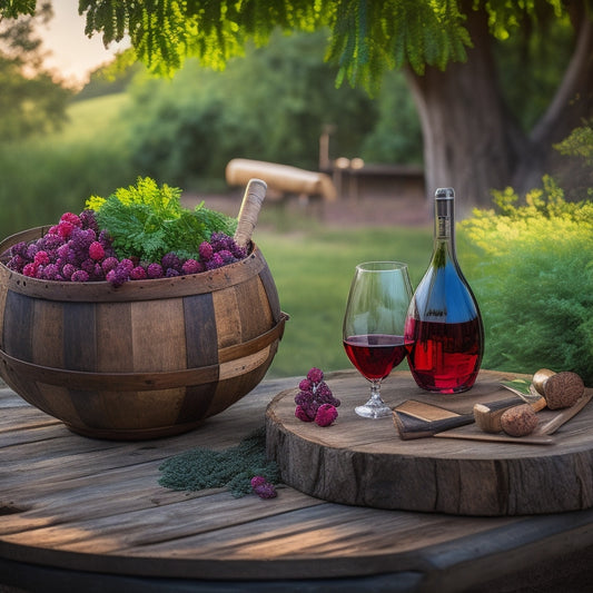 An elegant, rustic wooden table scattered with various wine-making tools, surrounded by lush green vines, with a few wine glasses and a partially filled oak barrel in the background.