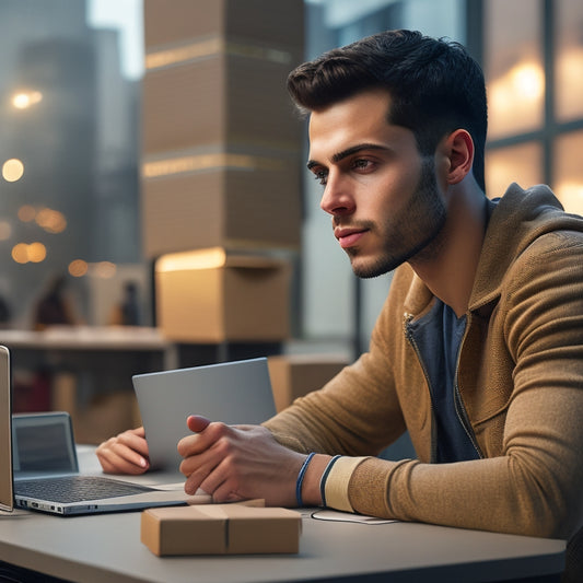 A young adult, early 20s, with a determined expression, sits in front of a laptop, surrounded by packages and shipping materials, with a cityscape or trendy office background, conveying success and innovation.