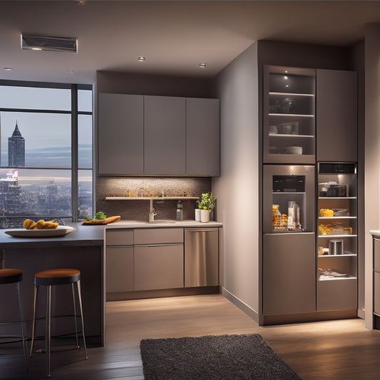 A modern kitchen with sleek, handleless cabinets, a built-in trash compactor, and a pull-out pantry with baskets, illuminated by soft LED lights and a large window with a blurred cityscape outside.