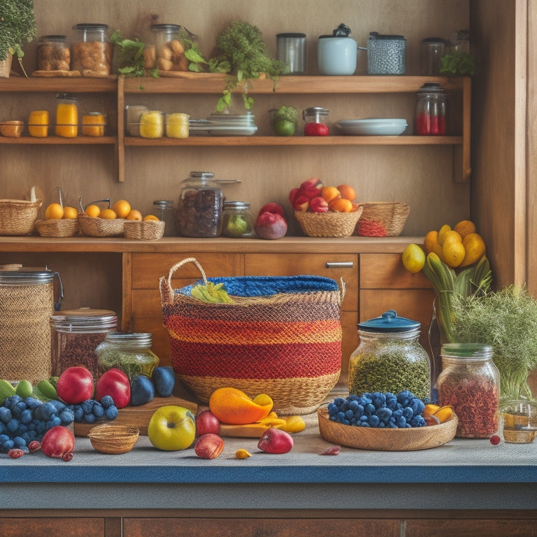 A vibrant kitchen with a colorful array of fruits and vegetables overflowing from wicker baskets, surrounded by neatly labeled glass jars and stainless steel containers on a rustic wooden table.