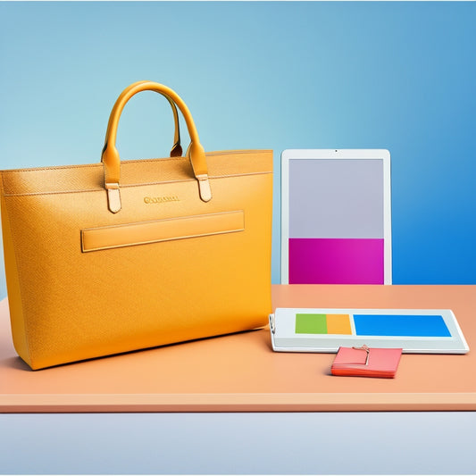 A colorful, organized, and minimalist illustration featuring a planner, shopping bags, and a tablet with a digital template on the screen, set against a clean white background.