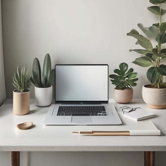 A minimalist illustration of a calm, organized workspace with a laptop, notebooks, and a few carefully placed plants, set against a soft, creamy background with subtle texture.