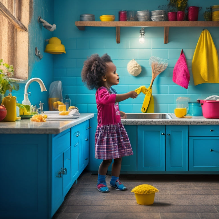 A bright, messy kitchen with utensils scattered on countertops, a sink full of dirty dishes, and a broom leaning against a wall, with a small, determined child standing in the center, holding a sponge and smiling.