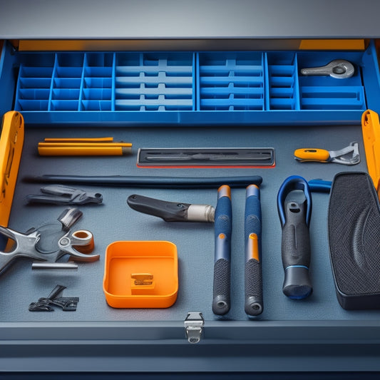 A clutter-free toolbox interior with 3D printed wrench organizers in various shapes and sizes, holding wrenches of different lengths and types, against a clean and minimalist background.