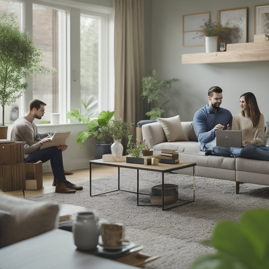 A serene, modern living room with a few moving boxes, a calm couple sitting on a couch, and a laptop open on a coffee table, surrounded by scattered papers and a small potted plant.