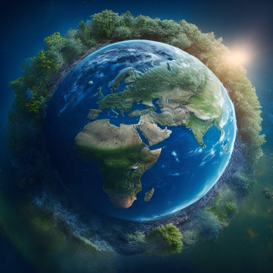 An illustration of the Earth from space, with greenery and plants sprouting from the cracks, surrounded by swirling clouds of blue and white, with a faint outline of a blueprint in the background.