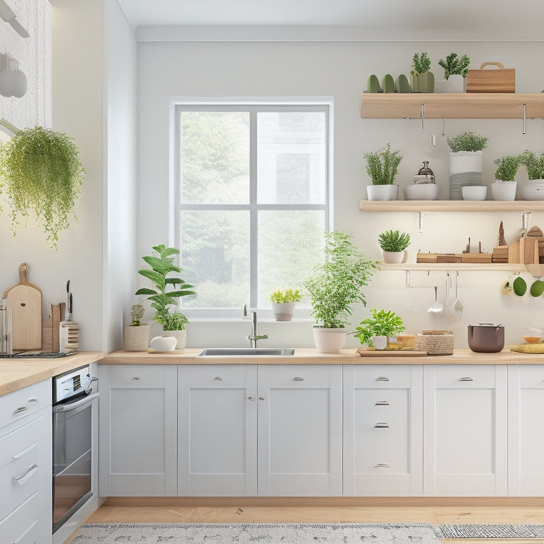 A bright, modern kitchen with sleek, white cabinets, featuring pull-out shelves, adjustable dividers, and a pegboard with hanging utensils, surrounded by natural light and a few strategically placed potted plants.