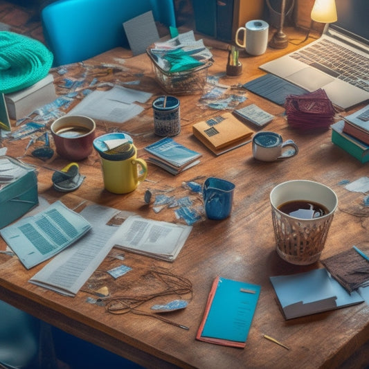 A cluttered desk with a laptop buried under piles of folders, cables, and empty coffee cups, surrounded by scattered papers and a few fallen pens, with a hint of frustration in the messy atmosphere.