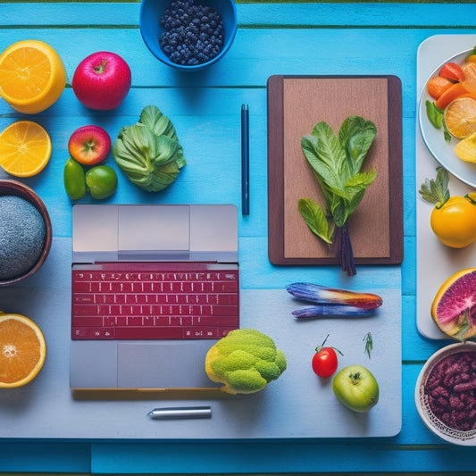 A colorful illustration of a kitchen counter with a laptop, a plate of varied healthy food, and a notebook with a pencil, surrounded by diverse fresh fruits and vegetables, with a subtle grid background.