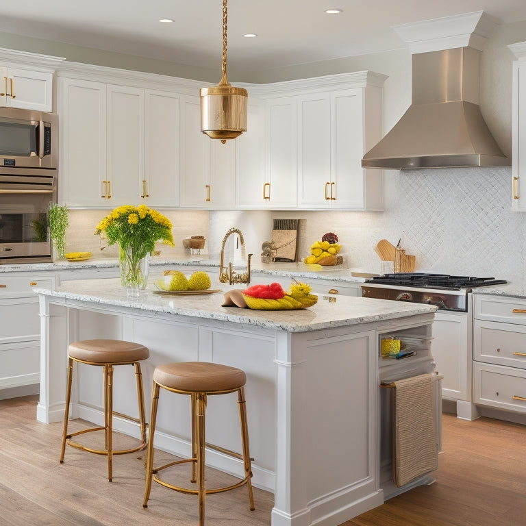 A bright, modern kitchen with sleek, white, soft-close cabinets featuring ornate hardware, quartz countertops, stainless steel appliances, and a large island with pendant lighting.