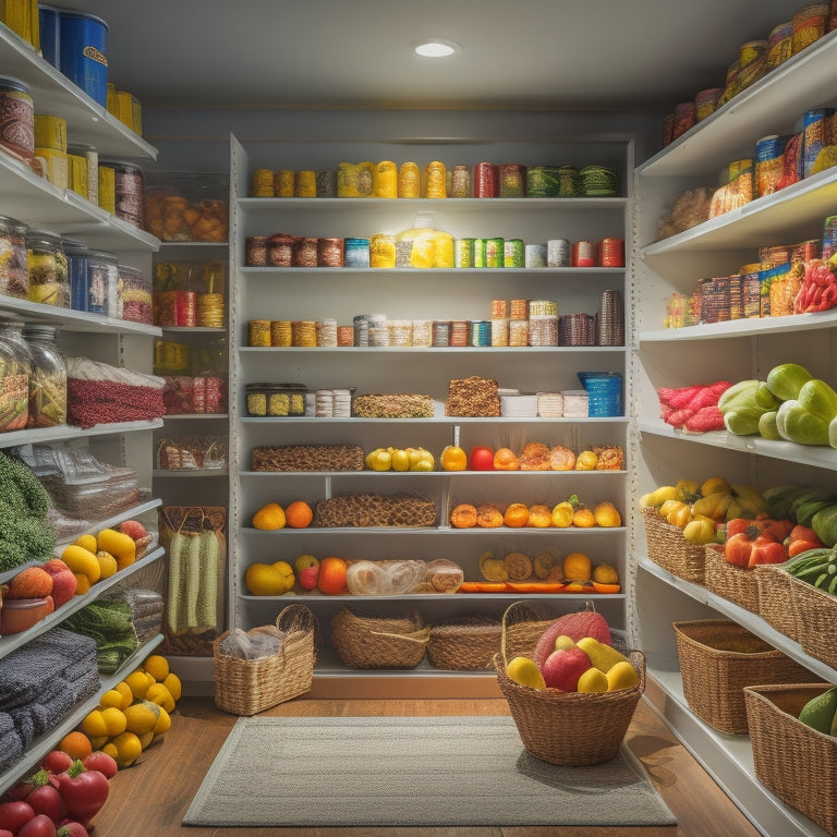 A tidy, well-lit pantry with multiple shelves, baskets, and containers of varying sizes, showcasing a rainbow of fresh fruits and vegetables, and neatly stacked canned goods and snacks.