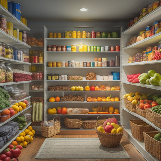 A tidy, well-lit pantry with multiple shelves, baskets, and containers of varying sizes, showcasing a rainbow of fresh fruits and vegetables, and neatly stacked canned goods and snacks.