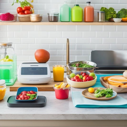A bright, modern kitchen with a laptop, tablet, and smartphone on a countertop, surrounded by colorful ingredients, meal prep containers, and a digital kitchen scale, with a blurred background of utensils and appliances.