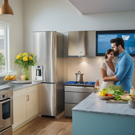 A warm, modern kitchen with a couple cooking together, surrounded by sleek digital devices: a tablet displaying a shared meal planning app, a smart fridge with a touch screen, and a smartphone with a grocery list.