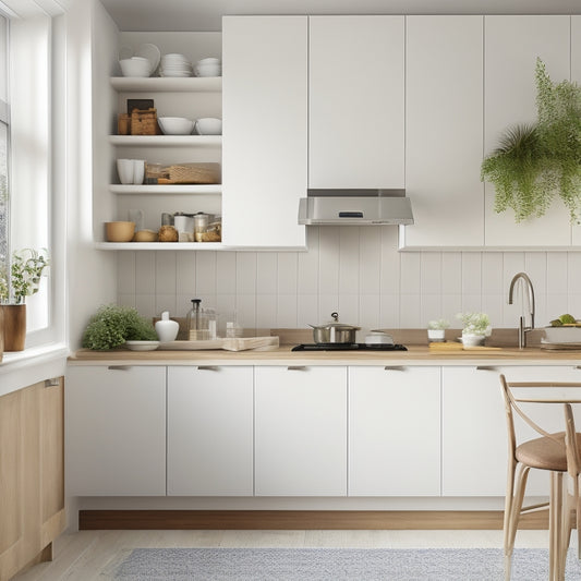 A modern kitchen with sleek, white cabinets, featuring a custom slide-out shelf in a warm wood tone, partially extended, with a few cookbooks and a vase on it, against a soft, gray background.