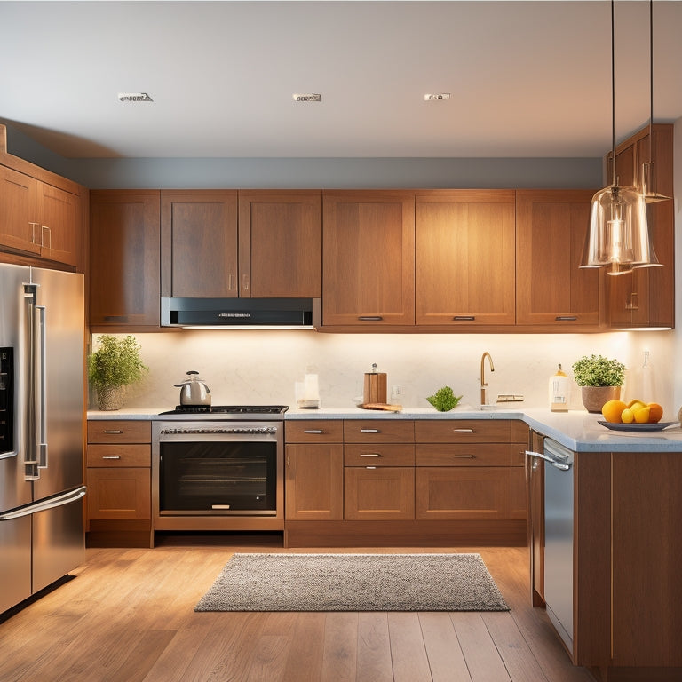 A modern kitchen with sleek, handle-free cabinets featuring soft-close drawers and doors in a warm, natural wood tone, surrounded by elegant lighting and high-end appliances.