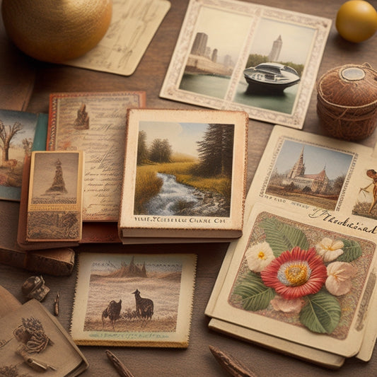 A whimsical collage of 15 miniature postcards, each with a distinct vintage-style illustration, arranged in a scattered, overlapping pattern on a worn, leather-bound journal page.