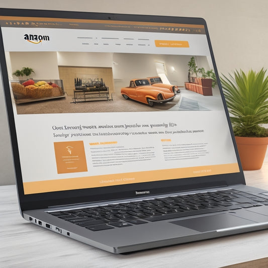 An illustration of a laptop screen displaying Amazon's website, with a product page showcasing a 5-star rating and numerous reviews, surrounded by rising arrows and upward trending graphs.