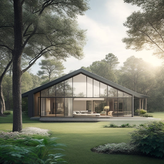 A serene, modern home with large windows and a sloping roof, surrounded by lush greenery and a majestic tree, with a subtle blueprint overlay and a faint compass in the foreground.