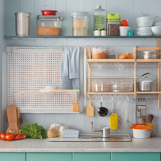 A tidy, compact kitchen with a pegboard on a wall, hooks holding utensils, a magnetic spice strip, a slide-out trash can, and a cart with labeled baskets, set against a calming, light-gray background.