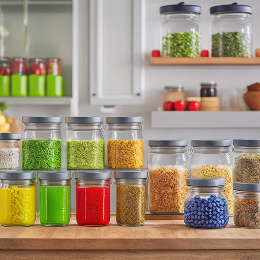 A tidy kitchen counter with a few open jars of spices, a small wooden utensil organizer, and a stack of 5-6 identical glass meal prep containers with colorful lids, surrounded by a few scattered fresh herbs.