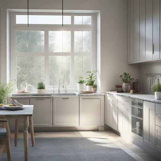 A serene kitchen with sleek, minimalist cabinets, a spotless countertops, and a few, carefully placed cooking utensils, illuminated by soft, natural light pouring in through a large window.