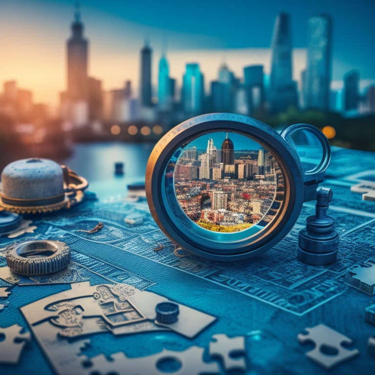 A magnifying glass hovers above a puzzle with interconnected gears, cogs, and cryptic symbols, surrounded by scattered clues, scattered papers, and a subtle cityscape in the background.