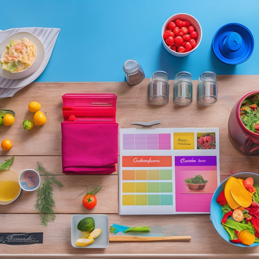 A colorful, neatly organized kitchen counter with a laptop, a few vibrant containers, and a meal planning template printed on paper, surrounded by utensils and healthy ingredients.