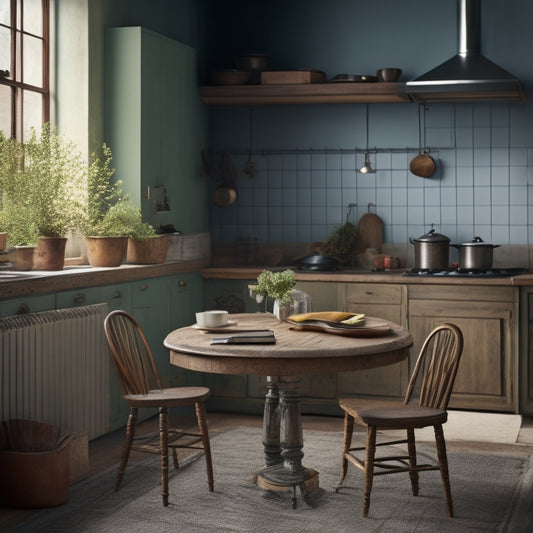 A lonely, spotless kitchen with a single, unoccupied chair at a small, empty table, surrounded by unused cookbooks, a few wilted herbs, and a stainless steel stove with a single, cold burner.