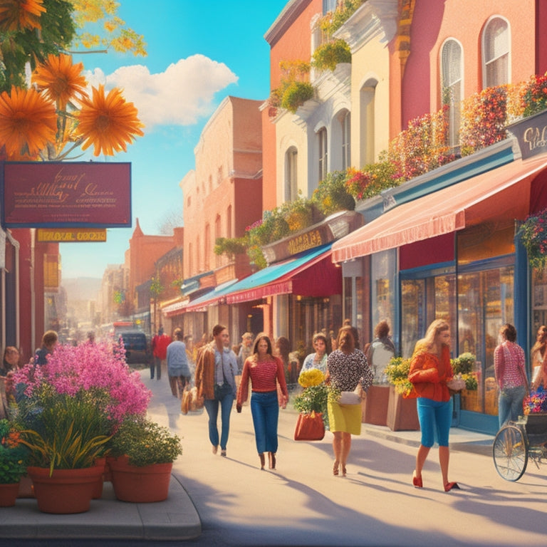 An illustration of a vibrant, bustling local street with diverse, colorful storefronts, and happy shoppers carrying reusable bags, surrounded by blooming flowers and a sunny, cloudless sky.