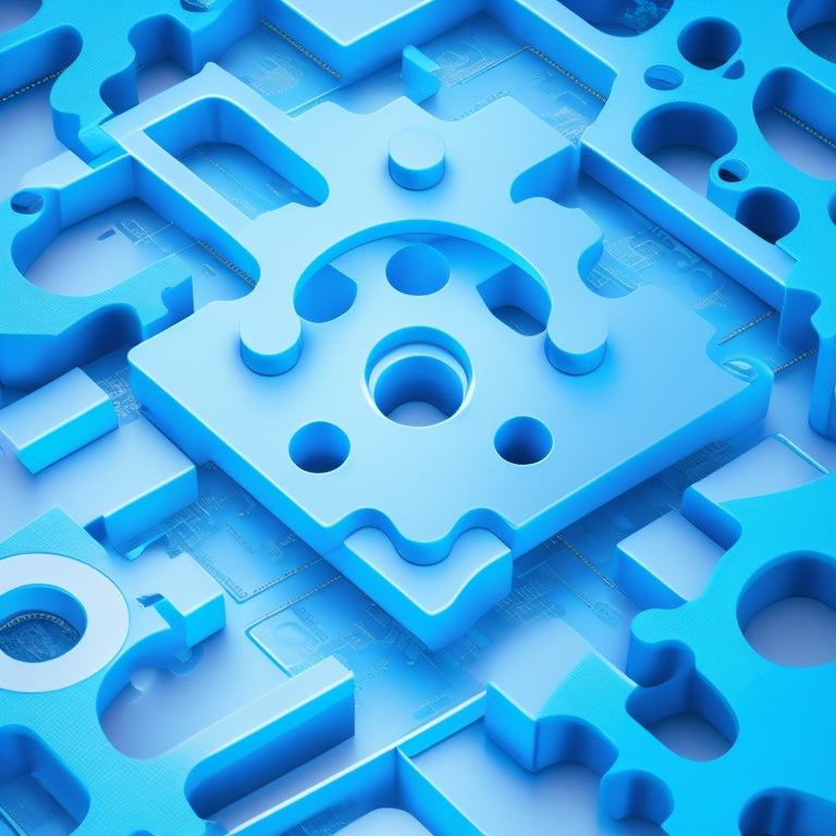 A stylized illustration of a puzzle coming together, with interconnected gears, cogs, and pipes forming a cohesive whole, set against a bright blue background with subtle grid lines.