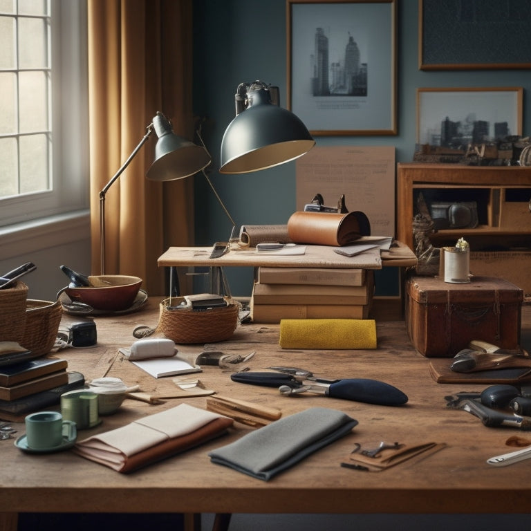 A tidy, organized workspace with a blind kit laid out, featuring a variety of tools, measuring devices, and fabric samples, lit by a warm, natural light with subtle shadows.