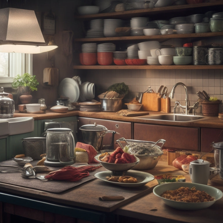 A cluttered kitchen countertop with stacks of dirty dishes, overflowing utensil holders, and a jumble of appliances, cords, and expired food packaging, lit by a dim, overwhelmed overhead light.