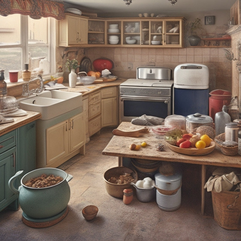 A chaotic kitchen scene with countertops cluttered by appliances, utensils, and ingredients, featuring a mix of open cabinets with stacked dishes and ingredients spilling out, amidst a backdrop of worn, cream-colored walls and a worn-out linoleum floor.