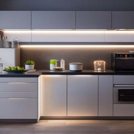 A sleek, modern kitchen with a built-in charging drawer, illuminated by soft LED lights, featuring neatly arranged devices and cables, surrounded by minimalist cabinets and a quartz countertop.