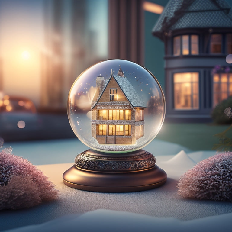 A stylized, modern illustration of a miniature house with a crystal ball or magnifying glass hovering above, surrounded by subtle, glowing orbs and faint, wavy lines suggesting insider knowledge.