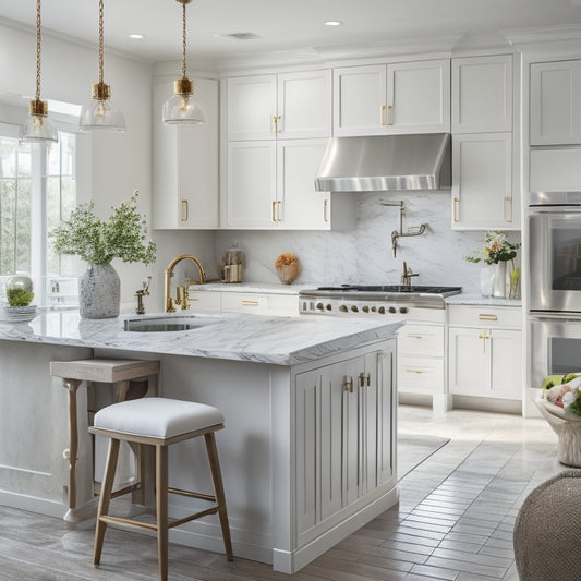 A bright, modern kitchen with sleek white cabinets, marble countertops, and a large island, adjacent to a luxurious bathroom with a freestanding tub and rainfall showerhead.