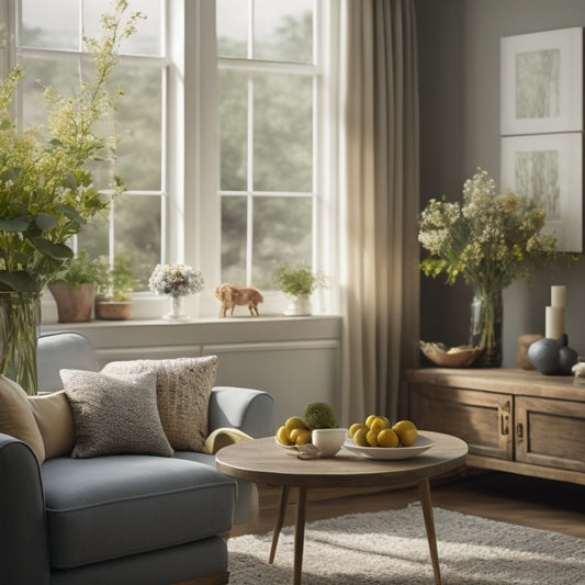 A serene, well-lit living room with a few, tastefully-arranged pieces of furniture, a vase with fresh flowers, and a "SOLD" sign subtly visible through the window.