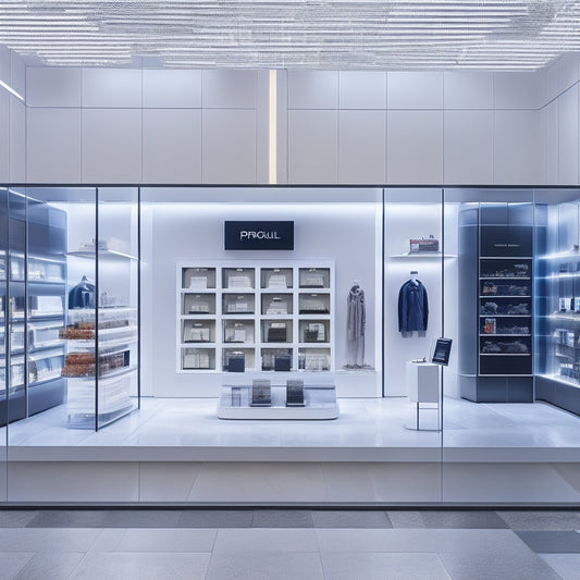 A futuristic retail store interior with sleek shelves, minimalist decor, and a large digital screen displaying a seamless shopping experience. Happy customers hold mobile devices, interacting with virtual product demonstrations and personalized offers.