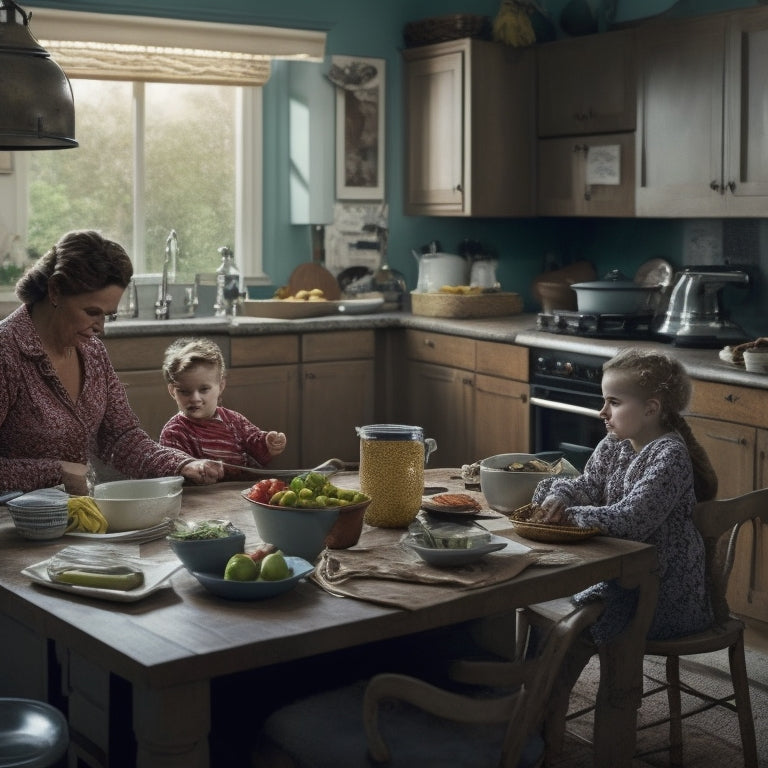 A cluttered kitchen with overflowing countertops, tangled cords, and a worn-out kitchen table surrounded by dirty dishes, with a faint outline of a family members' silhouette in the background, looking frustrated.