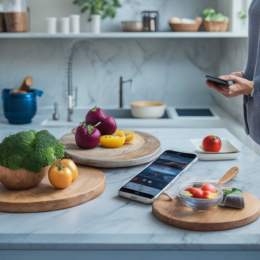 A modern kitchen with a smartphone on a marble countertop, surrounded by a utensil holder, a cutting board, and a few recipe books, with a faint wedding ring visible on the hand holding the phone.