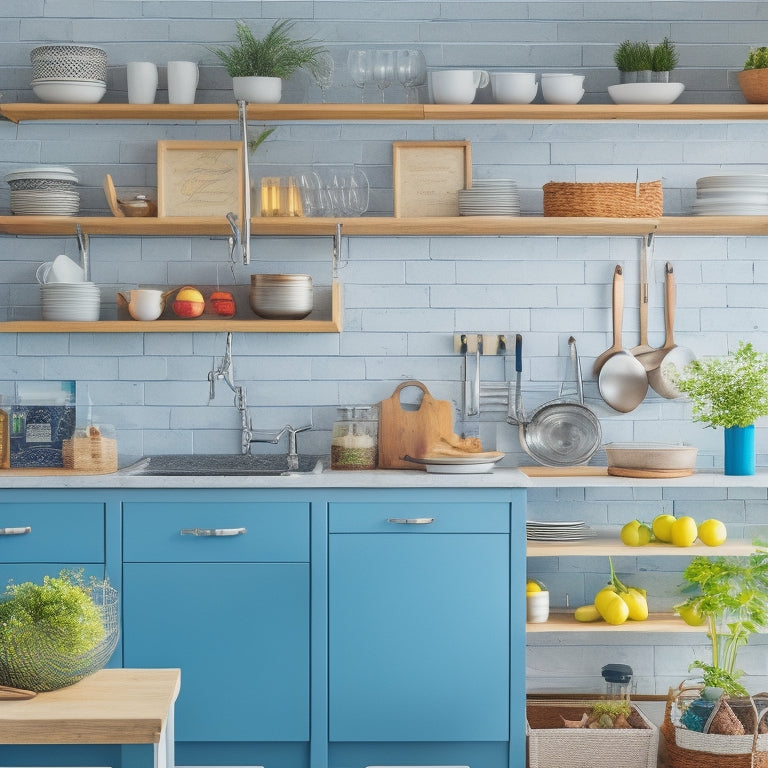 A bright, modern kitchen with a calm atmosphere, featuring a tidy island with a utensil organizer, a pegboard with hooks, and a few neatly arranged cookbooks on a shelf.