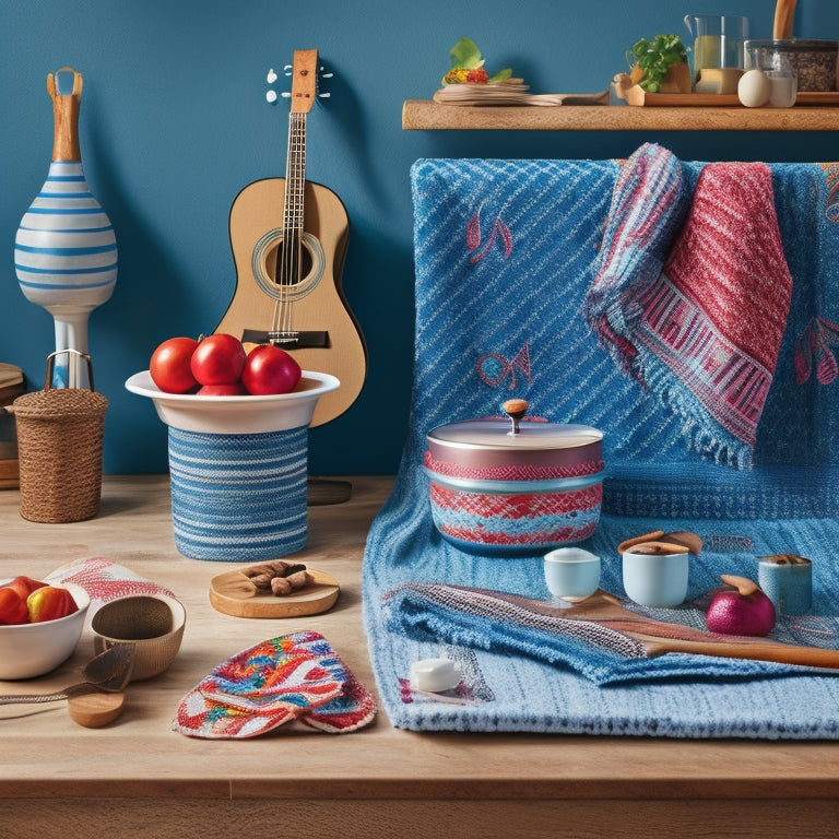 A playful kitchen scene featuring a row of DIY kitchen towels adorned with music-inspired illustrations, such as a treble clef mixing bowl, guitar-print apron, and vinyl record-inspired utensil holders.