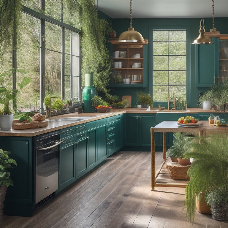 A modern kitchen with a bold, emerald green island, reclaimed wooden accents, and smart appliances, set against a backdrop of lush greenery and natural light pouring in through large windows.