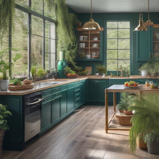 A modern kitchen with a bold, emerald green island, reclaimed wooden accents, and smart appliances, set against a backdrop of lush greenery and natural light pouring in through large windows.