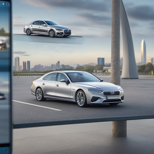 A modern smartphone with a sleek, silver car configurator app open on the screen, set against a blurred dealership background with various car models and happy shoppers in the distance.