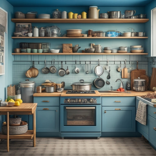 A cluttered kitchen with pots and pans stacked haphazardly, utensils spilling out of drawers, and a calendar-covered fridge, contrasted with a sleek, organized kitchen in the background, with a tablet and smart speaker on the counter.