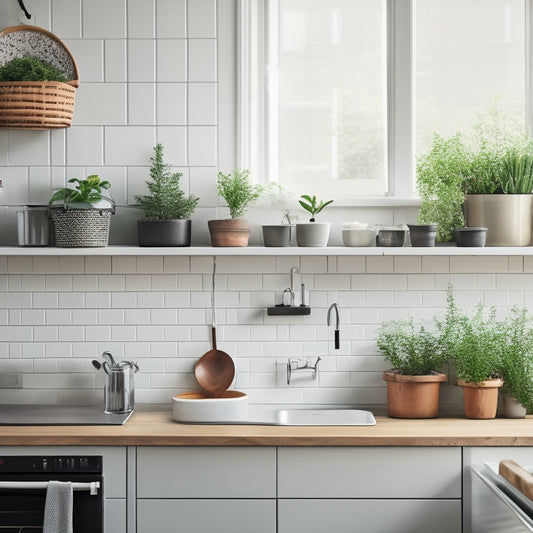 A clutter-free kitchen with a minimalist aesthetic: a few sleek pots and pans hang from a pegboard, a small herb garden sits on a windowsill, and a compact trash can fits neatly under the sink.