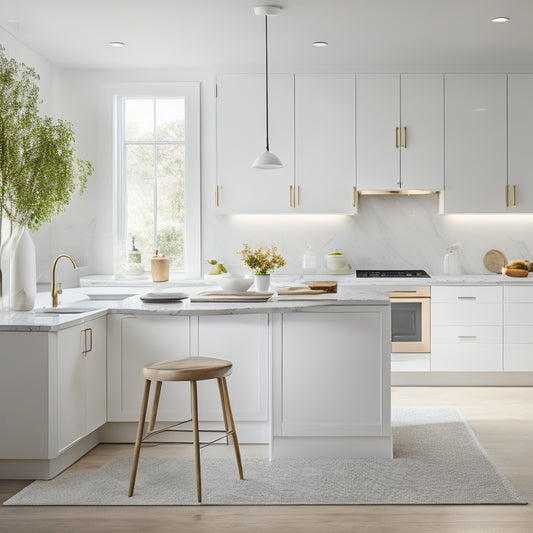 A serene, minimalist kitchen with sleek white cabinets, a large island, and a few strategically placed cooking utensils, surrounded by ample negative space and soft, warm lighting.