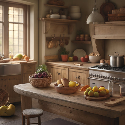 A warm, natural-lit kitchen with a rustic wooden island, adorned with fresh fruits, artisanal bread, and a few strategically-placed cookbooks, set against a soft, creamy white backdrop.